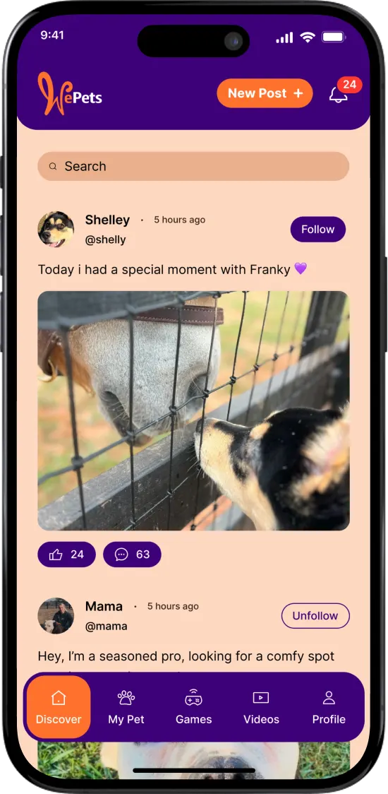 Pet social app interface built by Botmer