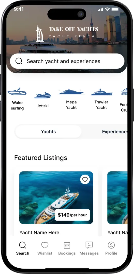 Take Off Yachts rental app interface built by Botmer